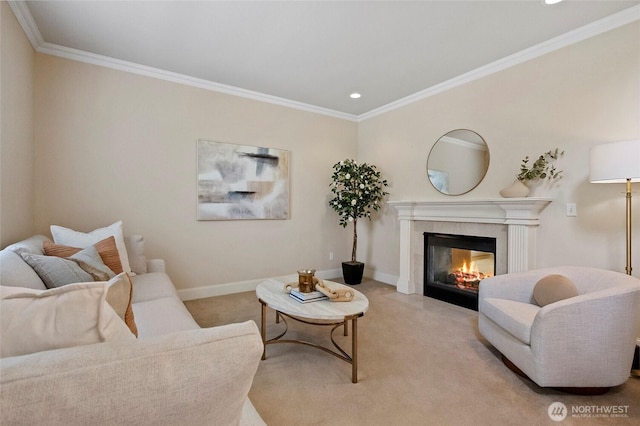 2315 35th Ct, Anacortes, WA 98221 - living room with ornamental molding, carpet, a tiled fireplace, recessed lighting, and baseboards