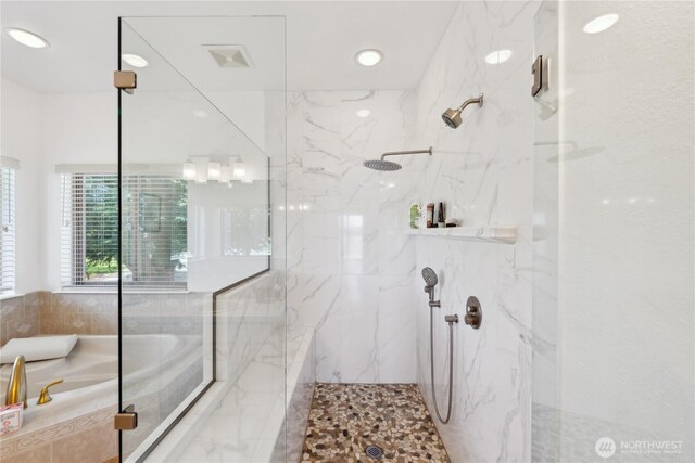 2364 Strawberry Point Rd, Oak Harbor, WA 98277 - full bathroom featuring a bath, a marble finish shower, and recessed lighting