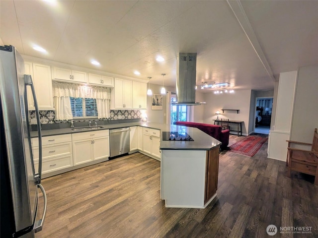 201 Union Ave SE Unit 188, Renton, WA 98059 - kitchen featuring stainless steel appliances, island range hood, a peninsula, dark wood-type flooring, and open floor plan