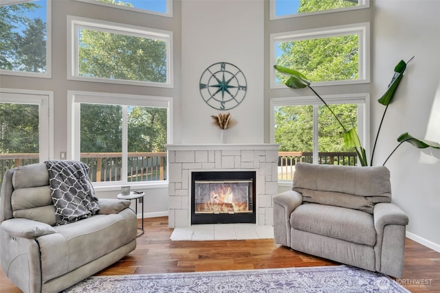 521 E Enchantment Dr, Union, WA 98592 - living room featuring a high ceiling, wood finished floors, a fireplace with flush hearth, and plenty of natural light
