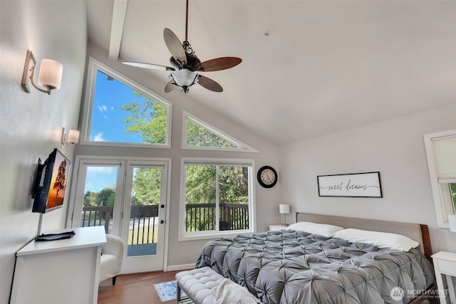 521 E Enchantment Dr, Union, WA 98592 - bedroom featuring access to exterior, light wood-style flooring, and high vaulted ceiling