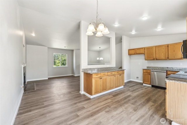 324 E 48th Street Dr, Tacoma, WA 98404 - kitchen featuring dishwasher, a chandelier, baseboards, light wood finished floors, and decorative light fixtures