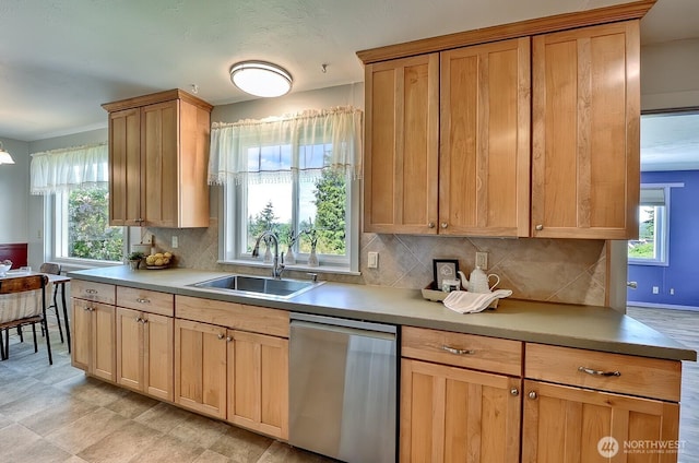 1160 St Paul St, Bellingham, WA 98229 - kitchen featuring dishwasher, a sink, decorative backsplash, light countertops, and light brown cabinets