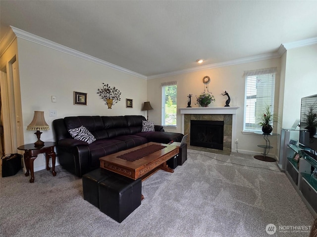 31500 33rd Pl SW Unit H101, Federal Way, WA 98023 - carpeted living room featuring healthy amount of natural light, ornamental molding, a tiled fireplace, and baseboards