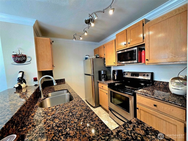 31500 33rd Pl SW Unit H101, Federal Way, WA 98023 - kitchen with stainless steel appliances, a sink, ornamental molding, dark stone counters, and a peninsula