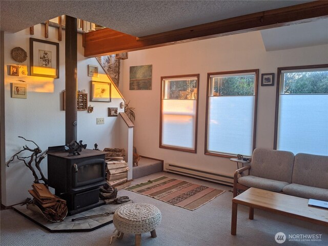 24 Nancy Ln, Copalis Beach, WA 98535 - carpeted living area with a baseboard heating unit and a wood stove