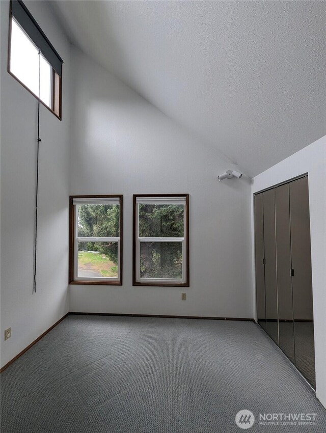 24 Nancy Ln, Copalis Beach, WA 98535 - unfurnished bedroom featuring carpet, multiple windows, a closet, baseboards, and high vaulted ceiling