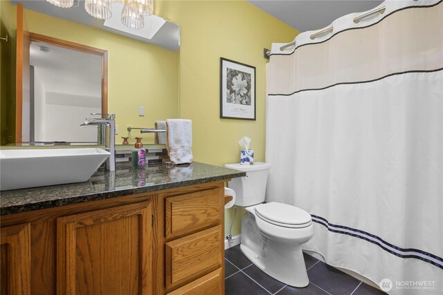 972 Rose Pl, Buckley, WA 98321 - bathroom with tile patterned floors, vanity, toilet, and a shower with curtain
