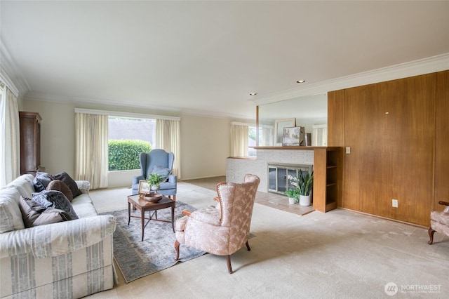 809 N K St, Aberdeen, WA 98520 - carpeted living area featuring ornamental molding and a brick fireplace