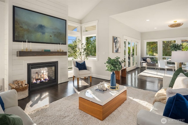 6006 SE 30th St, Mercer Island, WA 98040 - living room featuring wood finished floors, a large fireplace, lofted ceiling, recessed lighting, and baseboards