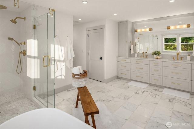 6006 SE 30th St, Mercer Island, WA 98040 - bathroom with a stall shower, double vanity, recessed lighting, a freestanding tub, and marble finish flooring