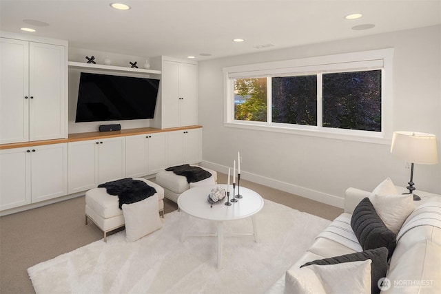 6006 SE 30th St, Mercer Island, WA 98040 - living area featuring recessed lighting, light colored carpet, and baseboards