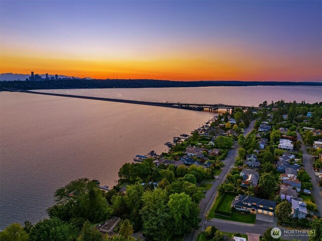 6006 SE 30th St, Mercer Island, WA 98040 - aerial view at dusk of a water view, a notable bridge, and a residential view