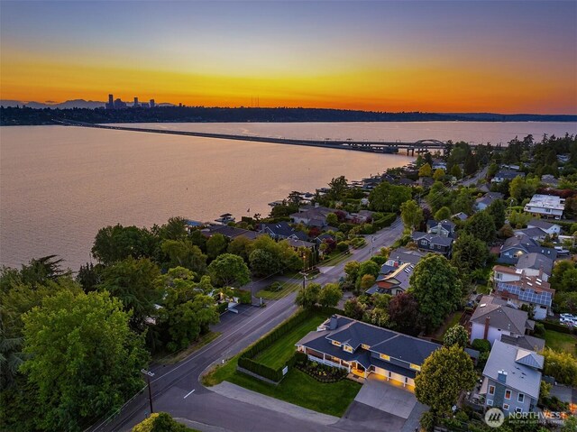 6006 SE 30th St, Mercer Island, WA 98040 - aerial view at dusk of a notable bridge, a water view, and a residential view