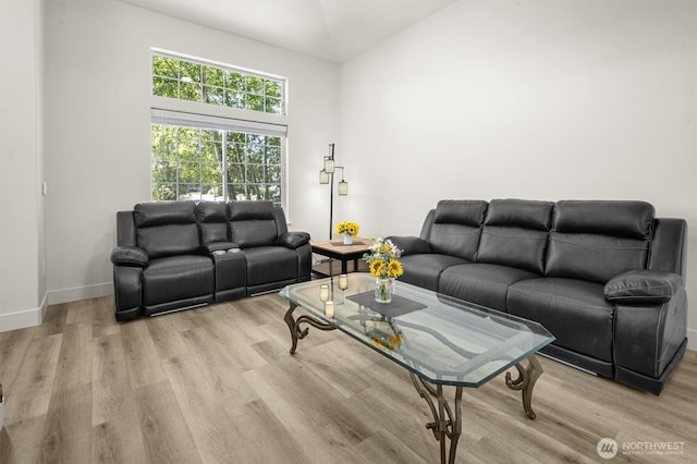 13901 Cedar Ct, Sultan, WA 98294 - living room featuring light wood finished floors, baseboards, and vaulted ceiling