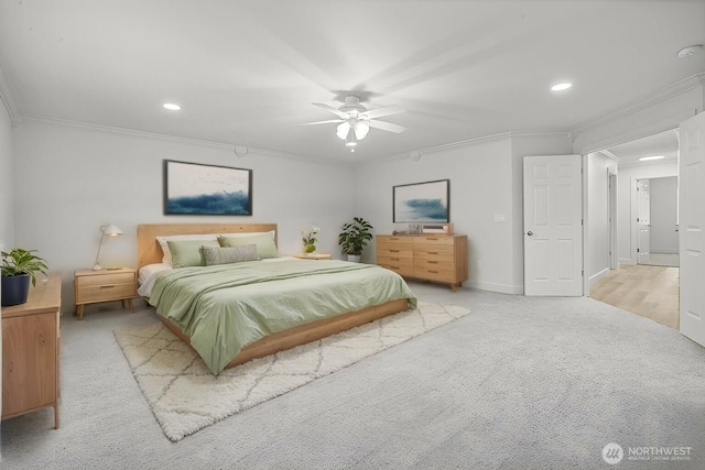 13901 Cedar Ct, Sultan, WA 98294 - bedroom featuring ornamental molding, light colored carpet, recessed lighting, ceiling fan, and baseboards