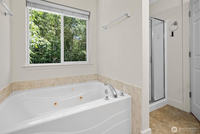 13901 Cedar Ct, Sultan, WA 98294 - bathroom with a tub with jets, a shower stall, and tile patterned flooring