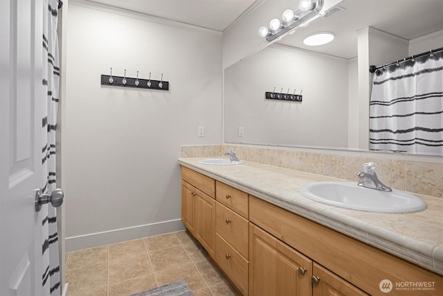 13901 Cedar Ct, Sultan, WA 98294 - full bathroom with ornamental molding, double vanity, baseboards, and tile patterned floors