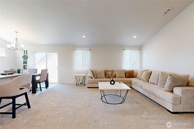 7 Patty Cir, Milton-Freewater, OR 97862 - living room with carpet flooring, healthy amount of natural light, a chandelier, recessed lighting, and baseboards
