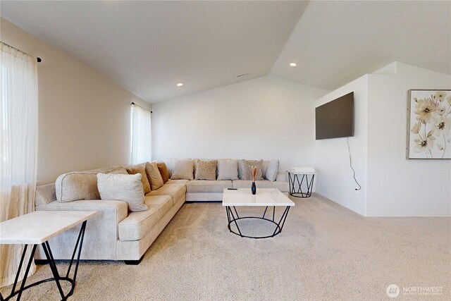 7 Patty Cir, Milton-Freewater, OR 97862 - living area featuring light colored carpet, lofted ceiling, baseboards, and recessed lighting
