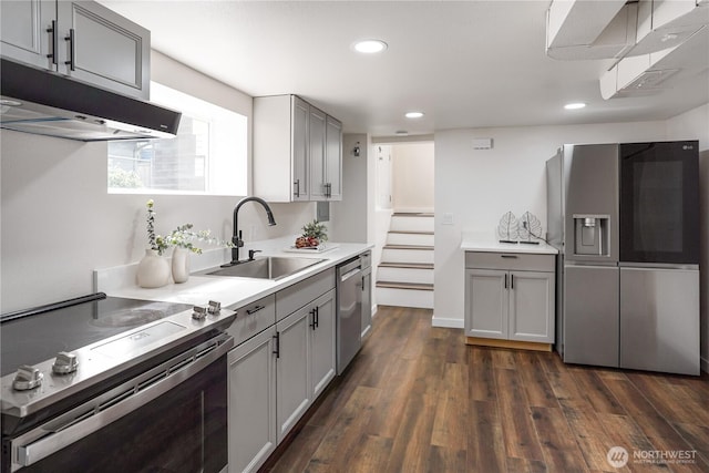 5909 8th Ave NW, Seattle, WA 98107 - kitchen with appliances with stainless steel finishes, gray cabinetry, a sink, under cabinet range hood, and recessed lighting