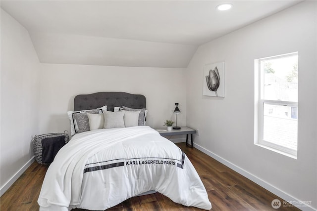 5909 8th Ave NW, Seattle, WA 98107 - bedroom featuring lofted ceiling, baseboards, dark wood-style flooring, and recessed lighting