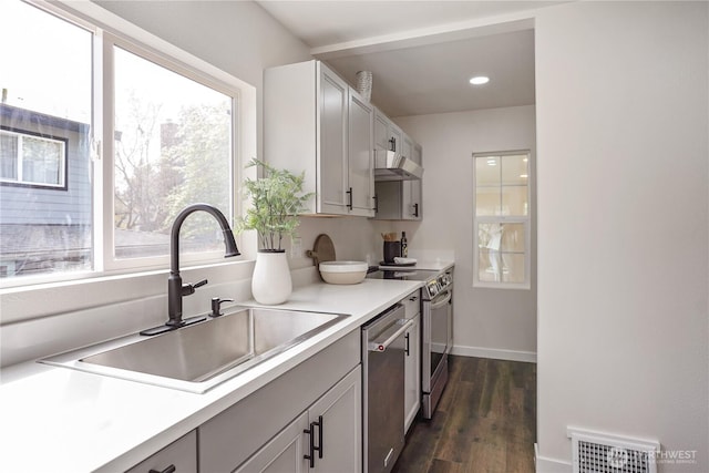 5909 8th Ave NW, Seattle, WA 98107 - kitchen with appliances with stainless steel finishes, a sink, under cabinet range hood, light countertops, and dark wood-type flooring
