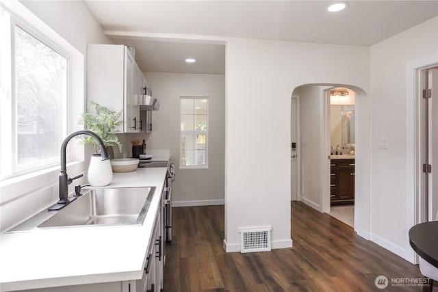 5909 8th Ave NW, Seattle, WA 98107 - kitchen featuring a sink, light countertops, dark wood-type flooring, arched walkways, and recessed lighting