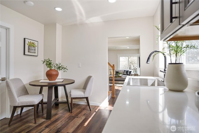 5909 8th Ave NW, Seattle, WA 98107 - dining space featuring stairway, dark wood-style flooring, recessed lighting, and baseboards