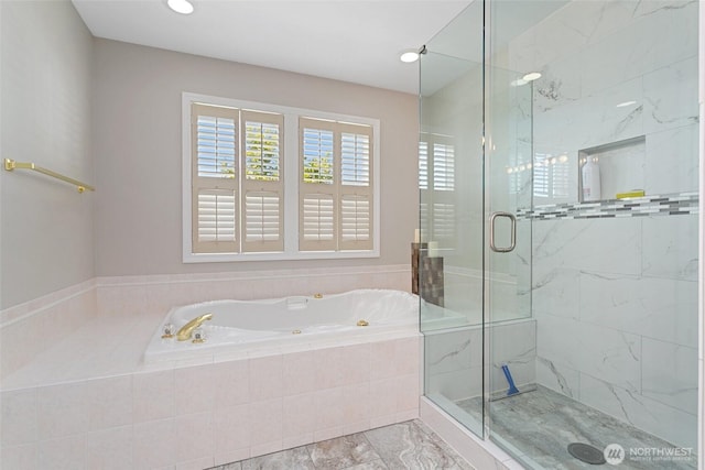 1022 S 225th Ln, Des Moines, WA 98198 - full bath with a tub with jets, a stall shower, and marble finish floors