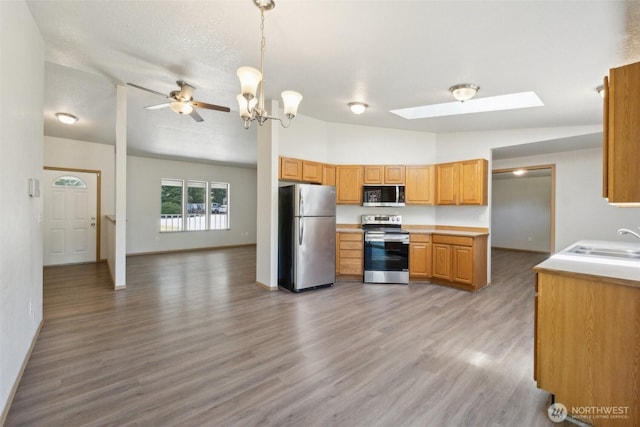 7115 239th Ct E, Graham, WA 98338 - kitchen featuring appliances with stainless steel finishes, a sink, a skylight, light wood-style floors, and light countertops