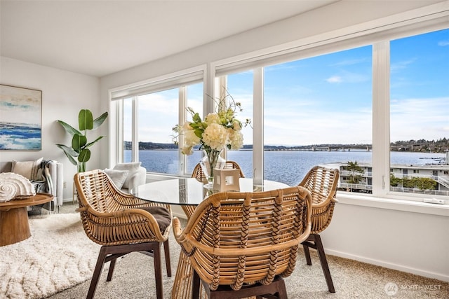 334 Lakeside Ave S Unit 404, Seattle, WA 98144 - carpeted dining space with a water view and baseboards