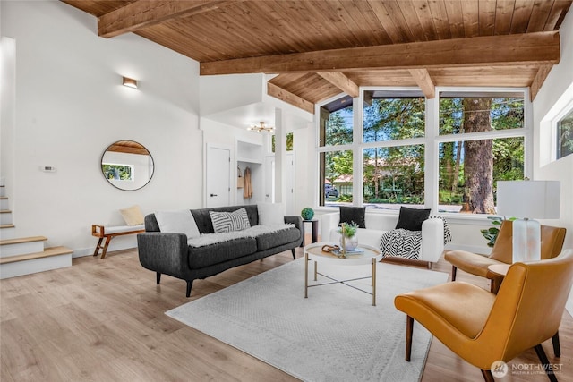 1279 Stilson Ave SE, North Bend, WA 98045 - living room with wooden ceiling with exposed beams, wood finished floors, high vaulted ceiling, stairs, and a chandelier