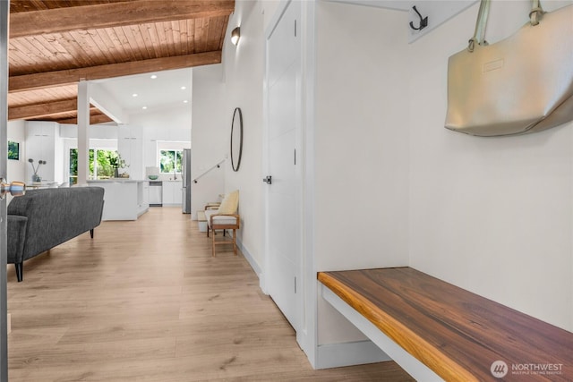 1279 Stilson Ave SE, North Bend, WA 98045 - corridor featuring light wood-style flooring, wood ceiling with exposed beams, and recessed lighting