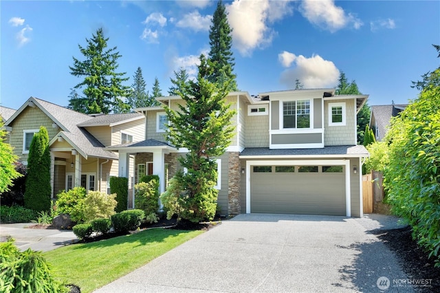 8910 125th Ln NE, Kirkland, WA 98033 - view of front of property with concrete driveway, a garage, roof with shingles, and stone siding