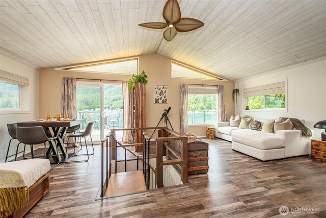 49 Sunny Point Ln, Port Angeles, WA 98363 - dining room featuring lofted ceiling, a ceiling fan, wood finished floors, and wooden ceiling