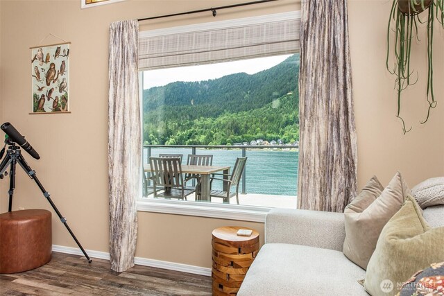 49 Sunny Point Ln, Port Angeles, WA 98363 - living area with wood finished floors, baseboards, a forest view, and a mountain view