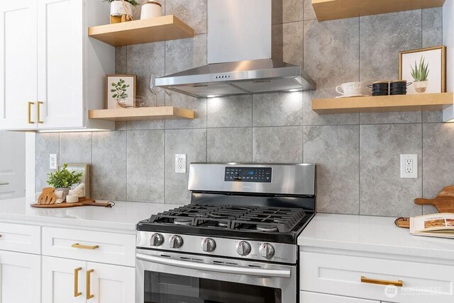 24212 112th Ave SE, Kent, WA 98030 - kitchen featuring open shelves, stainless steel gas stove, wall chimney exhaust hood, light countertops, and backsplash