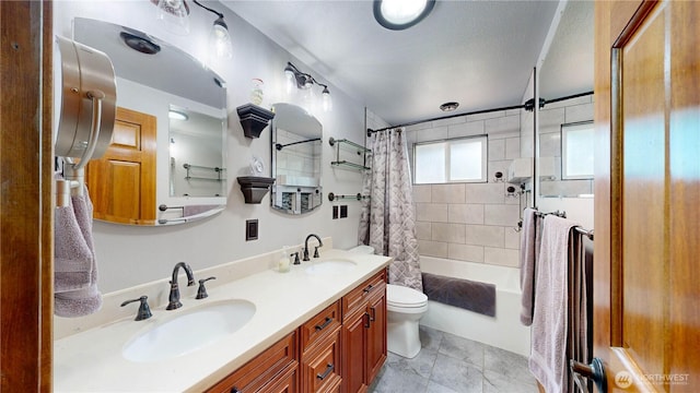 1306 Makah St NE, Olympia, WA 98516 - bathroom with shower / bath combination with curtain, toilet, and double vanity