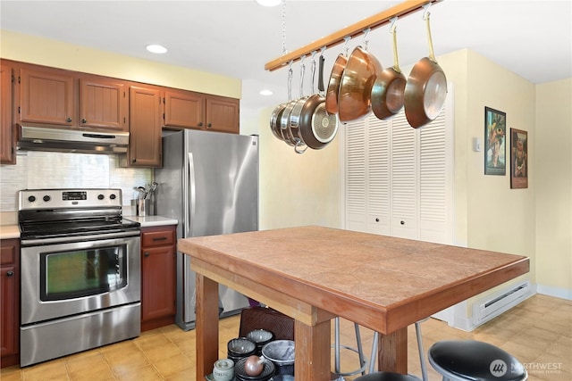 2514 Haines St, Port Townsend, WA 98368 - kitchen featuring appliances with stainless steel finishes, under cabinet range hood, tasteful backsplash, light countertops, and recessed lighting