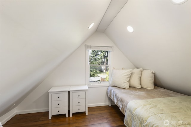 925 Wilson St, Port Townsend, WA 98368 - bedroom featuring dark wood-style floors, lofted ceiling, baseboards, and recessed lighting