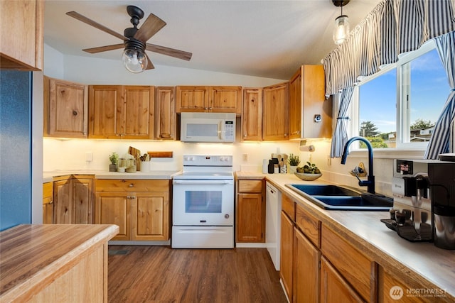 716 Dennis St SE Unit 93, Tumwater, WA 98501 - kitchen featuring white appliances, vaulted ceiling, dark wood-type flooring, and a ceiling fan
