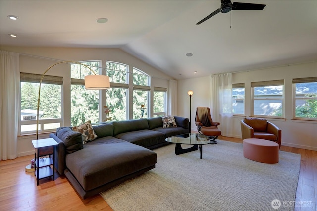 905 Bywater Way, Port Ludlow, WA 98365 - living room with plenty of natural light, light wood-type flooring, lofted ceiling, a ceiling fan, and recessed lighting