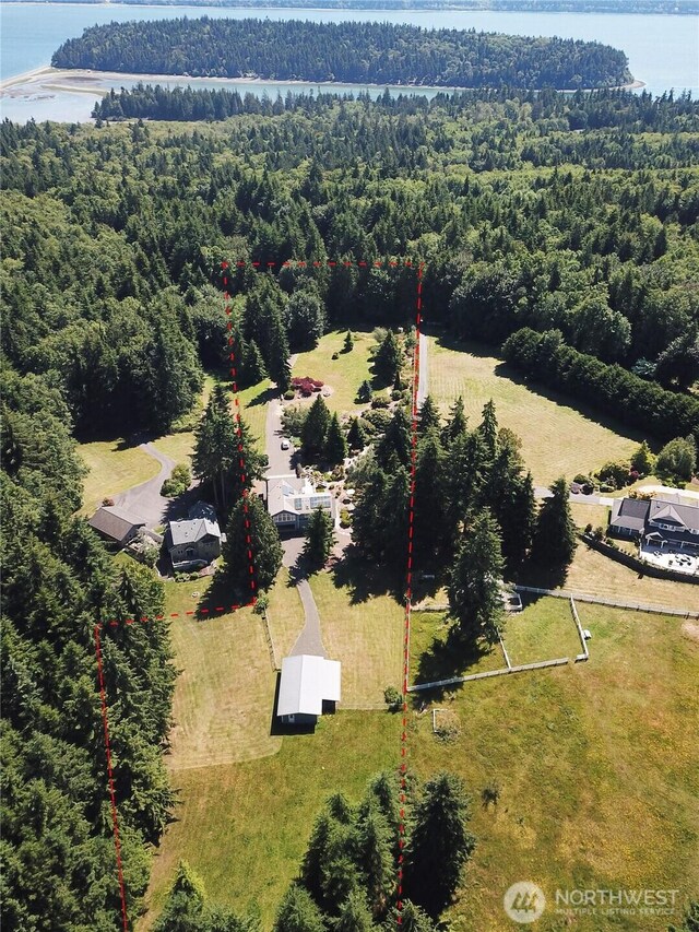 905 Bywater Way, Port Ludlow, WA 98365 - aerial overview of property's location featuring a heavily wooded area, a large body of water, and property boundaries highlighted