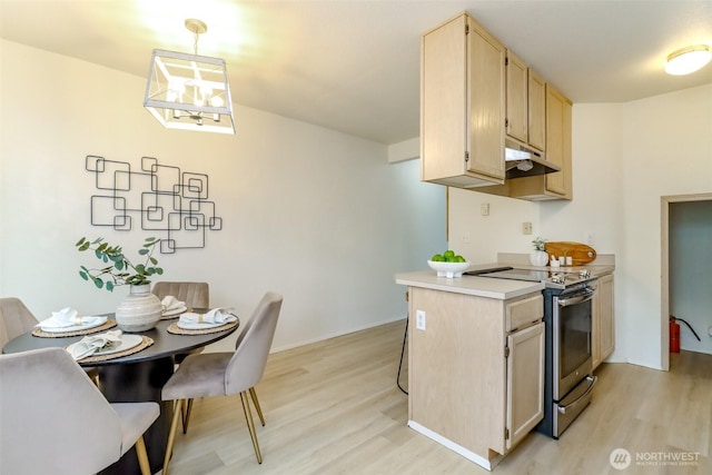 5129 Green Hills Ave NE Unit A, Tacoma, WA 98422 - kitchen featuring electric stove, under cabinet range hood, light brown cabinetry, light wood-style flooring, and light countertops