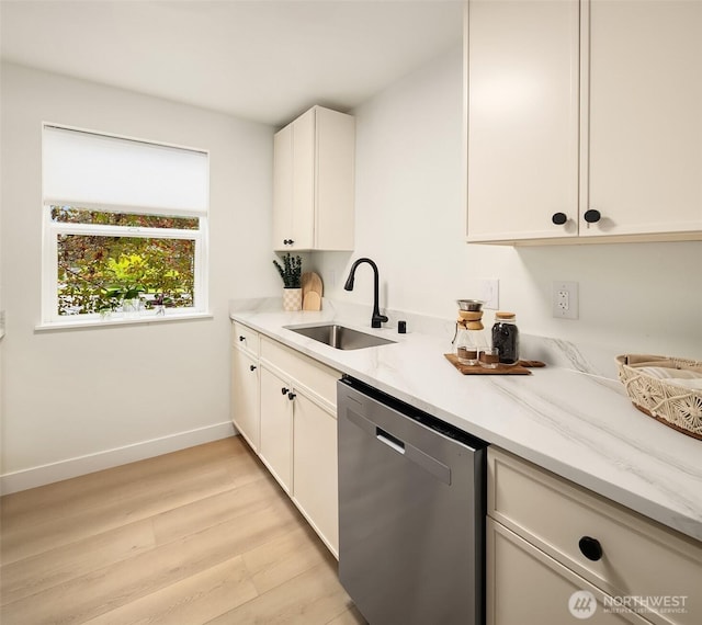 2515 Summit Ave, Everett, WA 98201 - kitchen featuring a sink, dishwasher, baseboards, light wood finished floors, and light stone countertops