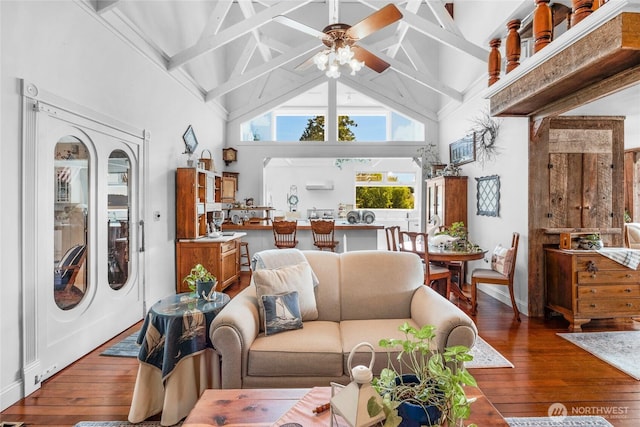 17257 Olympic View Rd NW, Silverdale, WA 98383 - living room with high vaulted ceiling, a ceiling fan, hardwood / wood-style flooring, and beam ceiling