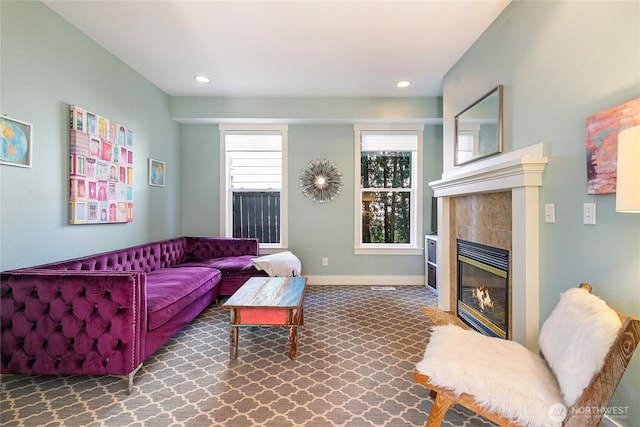 805 11th St, Bellingham, WA 98225 - living room with a tile fireplace, baseboards, carpet flooring, and recessed lighting