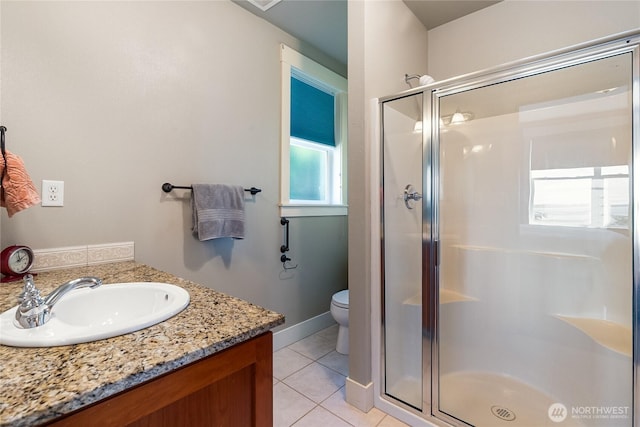 805 11th St, Bellingham, WA 98225 - bathroom featuring a stall shower, vanity, toilet, and tile patterned floors