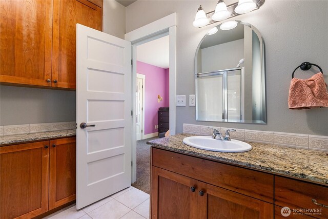 805 11th St, Bellingham, WA 98225 - full bathroom with vanity, a stall shower, and tile patterned floors